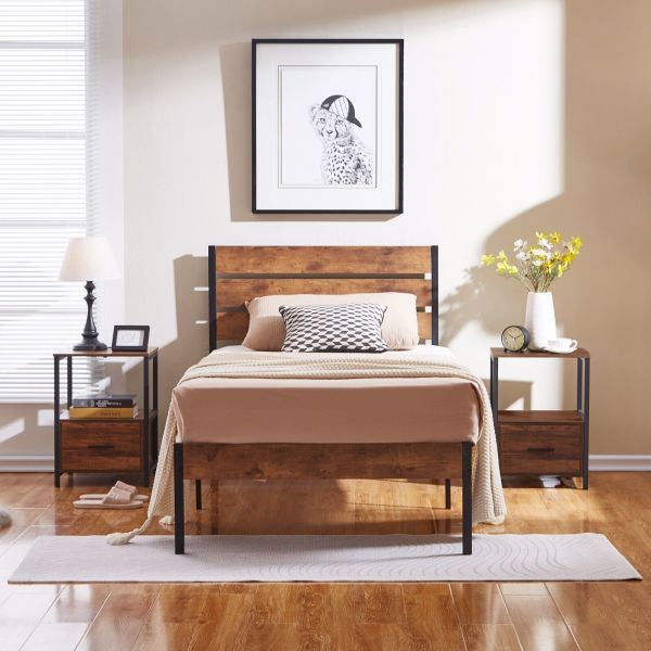 Twin Size Bed Frame Metal Slat Platform With Wooden Headboard