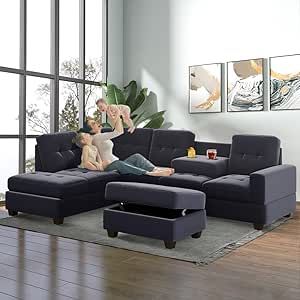 UBGO Living Room Furniture, Sectional, L-Shape Set with Storage Ottoman and Two Cup Holders,Modern Reversible Chaise,Couches Sofas for Large Space Dorm Apartment-Gray, Black A