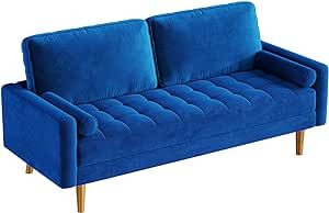 Vesgantti Blue Velvet Couch 70 inch, 3 Seater Loveseat Sofa, Mid Century Modern Couches for Living Room, Upholstered Velvet Sofa with 2 Pillows, Button Tufted Sofa for Bedroom, Home Office, Apartment