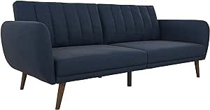 Novogratz Brittany Sofa Futon, Premium Linen Upholstery and Wooden Legs, Blue Linen