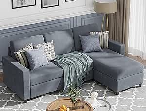 JAMFLY 79" Convertible Sectional Sofa Couch, L Shaped Couch with Linen Fabric Small Sectional Sofa with Chaise for Living Room Clearance Set (Dark Gray)