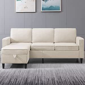 Mjkone Convertible Sectional Sofa Couch, Sofas with Solid Wood Legs and Storage Ottoman, L-Shape Couch with 4 Side Pockets, Couches for Living Room/Apartment/Office (Beige)