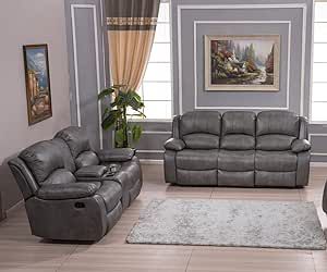 Betsy Furniture 2PC Bonded Leather Recliner Set Living Room Set (3+2), Sofa, Loveseat 8018 Grey
