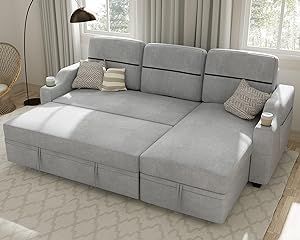 Ucloveria Sectional Sofa Couch, 82" Sleeper Sofa Bed with Reversible Storage Chaise Pull Out Couch Bed for Living Room L-Shape Lounge 2 in 1 Futon Sofa with Two Cup Holder, Grey