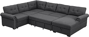 Alexent U-Shape Sectional Sleeper Sofa with Storage Chaise Lounge, Pull-Out Bed, Classic 6-Seat Design for Living Family Game Room - Dark Grey
