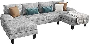 YESHOMY Convertible Sectional U-Shaped Couch with Soft Modern Cotton Chenille Fabric for Living Room, 6 Seats Oversized Sofas with Comfortable Backrest, Grey and White