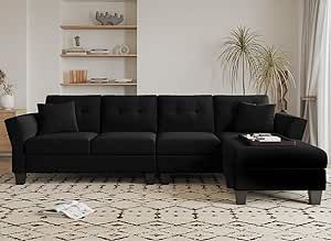 Belffin Black Velvet Sectional Couch L Shaped Sofa 4 Seat Sofa with Chaise Convertible L-Shaped Couches Reversible Sectional Sofa Black