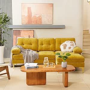 COOSLEEP Convertible Sectional Sofa Couch, 83" L-Shape Sofa Couch with Chaise Convertible,ChenilleFabric Upholstered for Living Room, Apartment, Office (Golden)