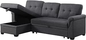 OMGO 84'' L-Shape Convertible Sleeper Sectional Sofa with Storage Chaise and Pull-Out Bed, Linen Upholstered Reversible Corner 3 Person Couch, for Living Room, Apartment, 84, Dark Gray-1