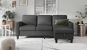 Lonkwa Convertible Sectional Sofa Couch, Dark Grey Couches for Living Room, Sectional Couch with Reversible Storage Ottoman, 3-Seat L-Shaped Couch for Living Room, Apartment, Office, Small Space