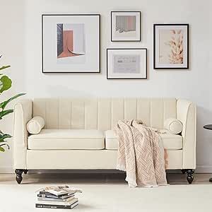 Kingfun 67" Modern Sofa for Living Room, Comfy Loveseat Linen Fabric with 2 Bolster Pillows, Mid Century Modern Couch Small Love Seat for Bedroom with Solid Wooden Frame and Padded Cushion, Beige