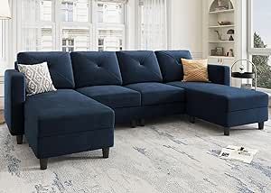HONBAY Convertible U Shaped Sofa Sectional Couch with Double Chaises 4 Seat Sofa for Living Room, Velvet Dark Blue
