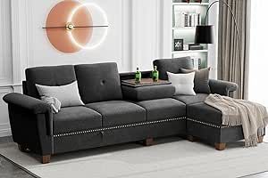 JAMFLY 107'' Convertible Sectional Sofa L Shaped Couch with Storage Chaise, 4-Seater Reversible Sectional Couch with Cup Holders for Living Room