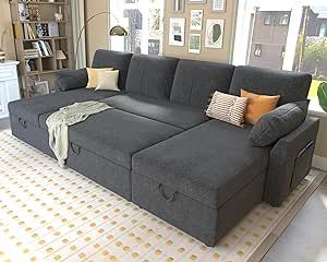 VanAcc Sleeper Sofa, 110 inch Overisze Sofa Bed- 2 in 1 Pull Out Couch Bed, Sectional Sleeper Sofa with Double Storage Chaise for Living Room, Grey Chenille Couch