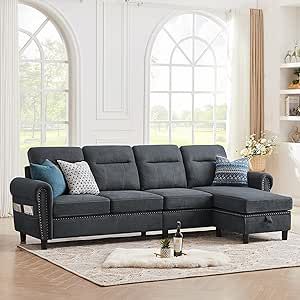 Pingliang Home Convertible Sectional Sofa, 4-Seat L Shaped Couch with Storage Chaise and Pocket, Modern Reversible Couches for Living Room, Dark Grey