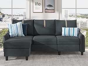 Tornama 80" L Shaped Sectional Sofas 3 Seater Couch with Reversible Ottoman Modern Linen Fabric Small Sectional Couch for Living Room, Apartment, Small Space, Dark Grey