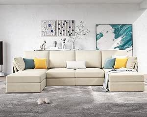 VANACC 131 Inches Modular Sectional Sofa, Oversized Sectional Sofa with Storage, Ottomans, 6 Seats U Shaped Couch with Chaise- Chenille Beige Sofa