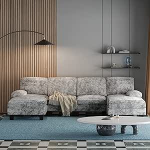 Flamaker Convertible Sectional Sofa Couch, Modern Fabric U-Shaped Living Room Furniture Set, 4-Seat Sectional Sleeper Sofa with Double Chaise & Memory Foam (Grey)