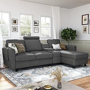 HONBAY Convertible Sectional Couch L Shape Sofa with Chaise Modern Fabric Sectional Sofa with Cup Holders L Shaped Corner Couch for Living Room, Dark Grey