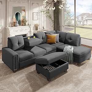 DHHU Fine Sectional, Reversible Chaise, L Shaped Couch Sofa with Ottoman for Living Room, Apartment, Office, Gray, Black Funiture Sets
