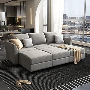 HONBAY Convertible Modular Sectional Sofa with Ottomans Polyester Fabric Sleeper Couch with Chaise and Storage 6 Seat for Living Room, Grey