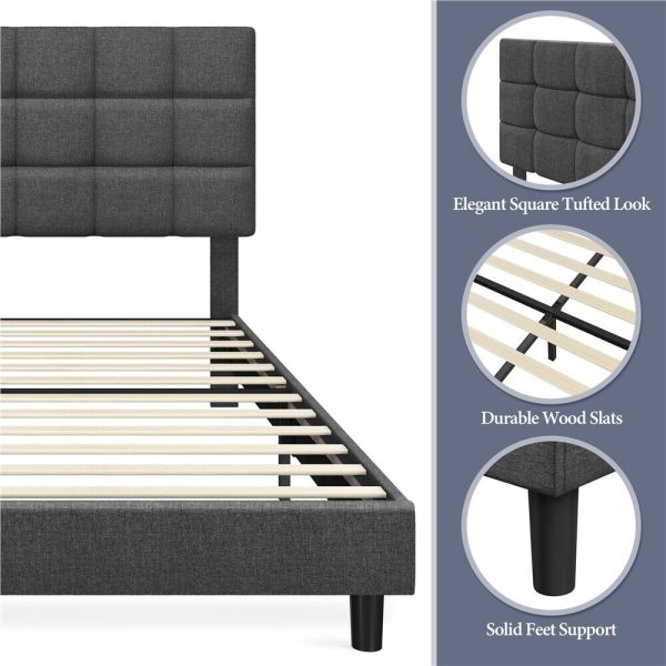 Upholstered Platform Bed Frame with Adjustable Headboard Wood Slats Support