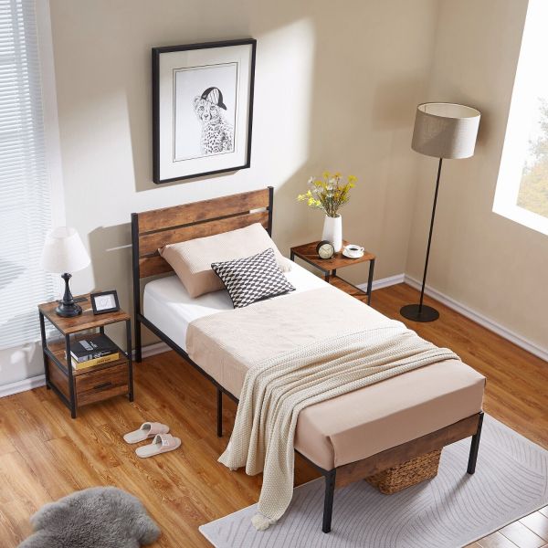 Twin Size Bed Frame Metal Slat Platform With Wooden Headboard