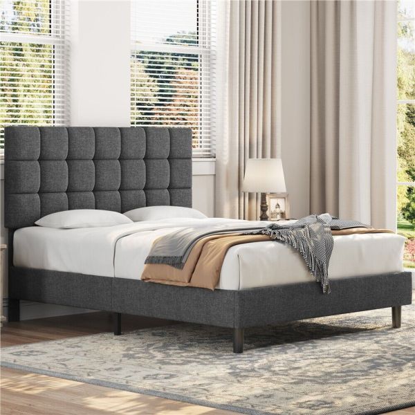 Upholstered Platform Bed Frame with Adjustable Headboard Wood Slats Support
