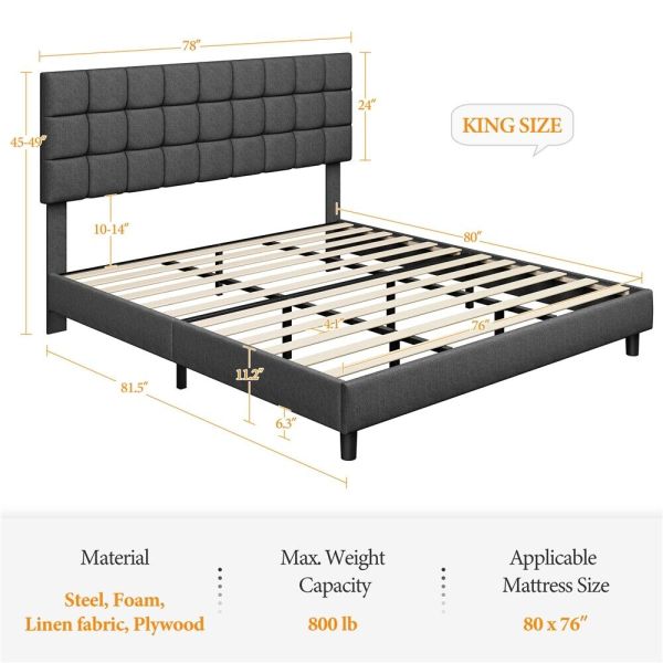 Upholstered Platform Bed Frame with Adjustable Headboard Wood Slats Support