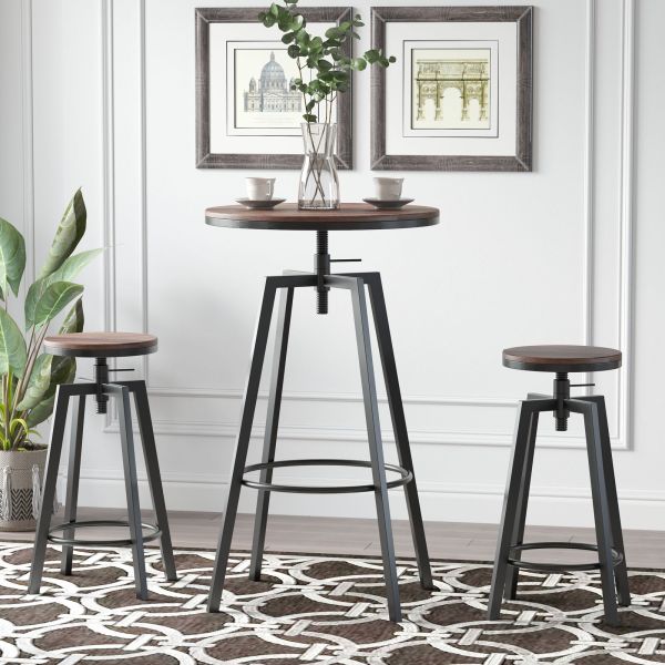 Contemporary Industrial Adjustable Height Indoor 3pc Pub Table with Stools