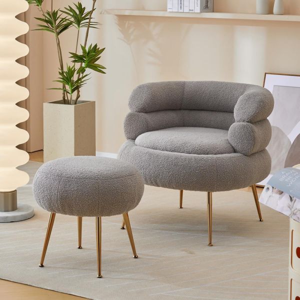 Modern Accent Arm Chair Upholstered Single Sofa With Ottoman Living Room Gray