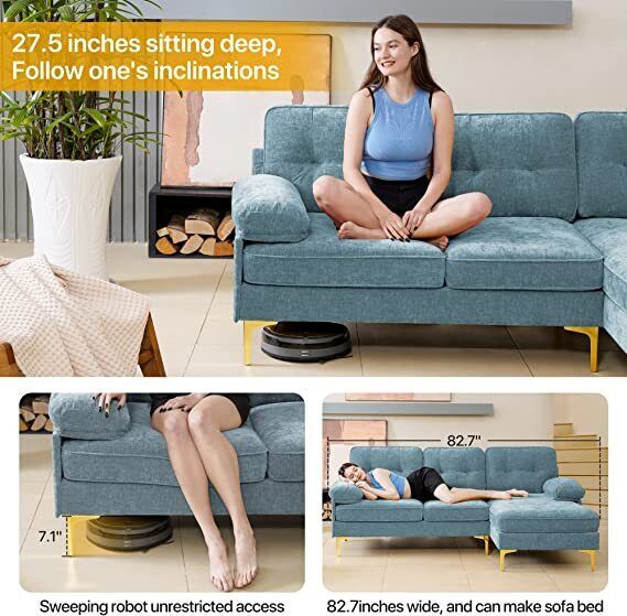 Light Blue Convertible Sectional Sofa Couch, 83" L-Shape Sofa Couch