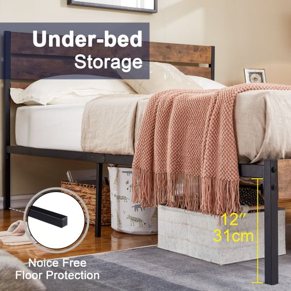 Twin Size Bed Frame Metal Slat Platform With Wooden Headboard