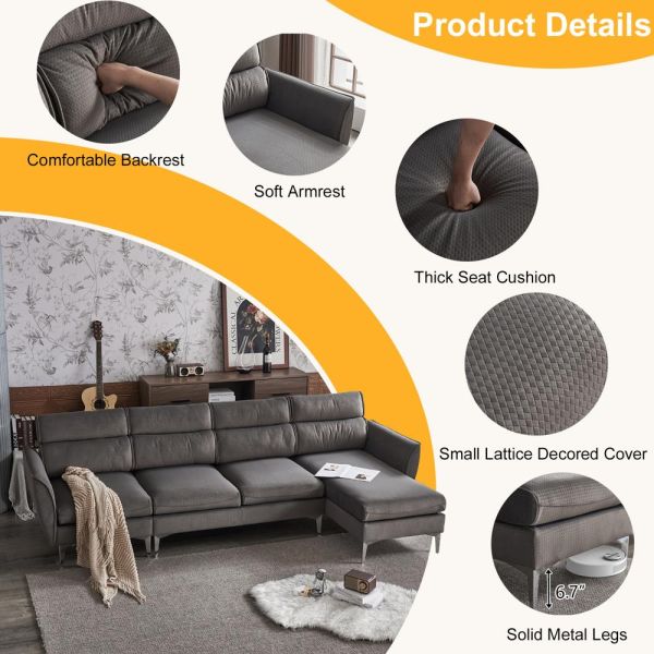 4 Seat Convertible Sectional Sofa L Shape Couch with Chaise Metal Leg