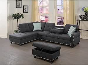 Devion Furniture Polyester Fabric Sectional Sofa with Ottoman-Dark Gray